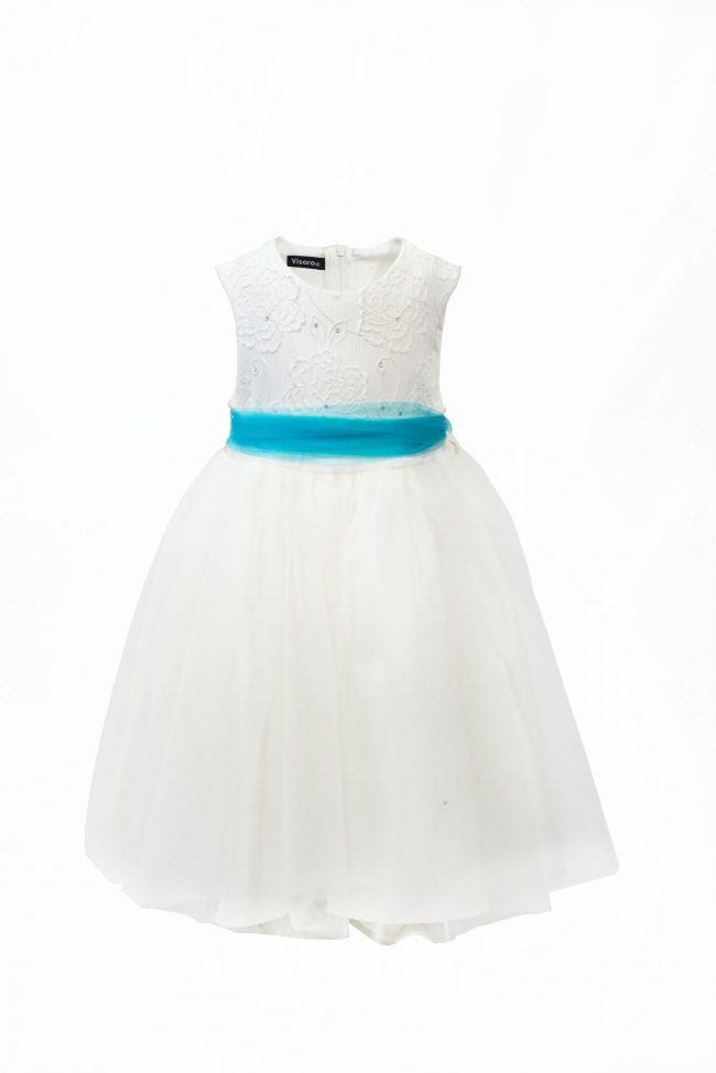GIRLS IVORY FLOWER DRESS WITH TURQUOISE BELT-0