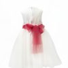 Girls Ivory Flower diamond dress with pink belt-1480