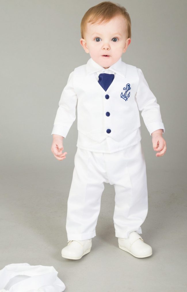 4 Piece Christening Suit White/Navy-1611