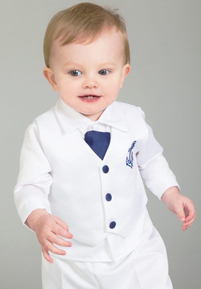 4 Piece Christening Suit White/Navy-1612