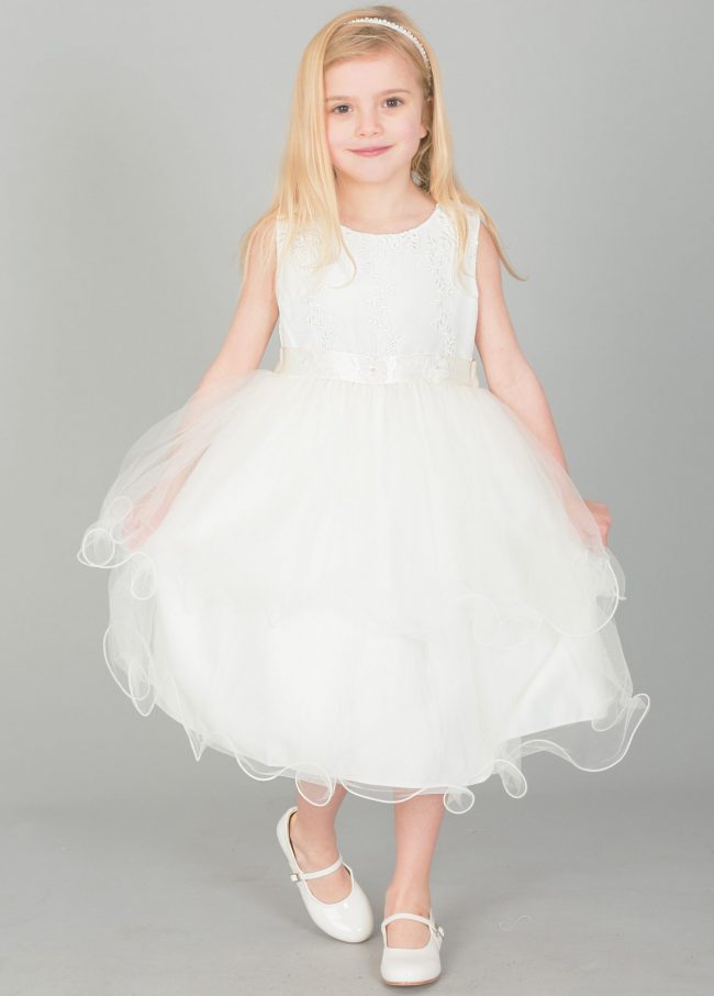 Girls Dress with Embroidery and Flowers on Sash in Ivory-0