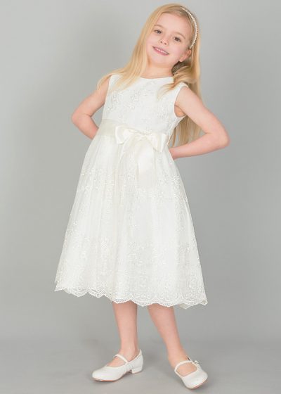 Girls Lace dress with Bow in IVORY-0