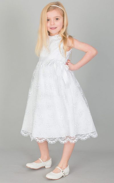 Girls Lace dress with Bow in WHITE-0