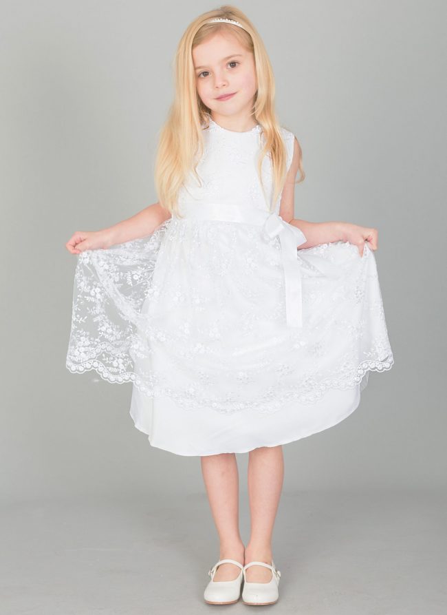 Girls Lace dress with Bow in WHITE-1641