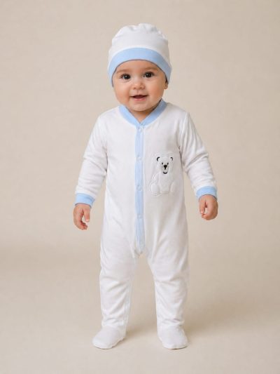 V2607 BABY BOYS ROMPER IVORY BLUE
